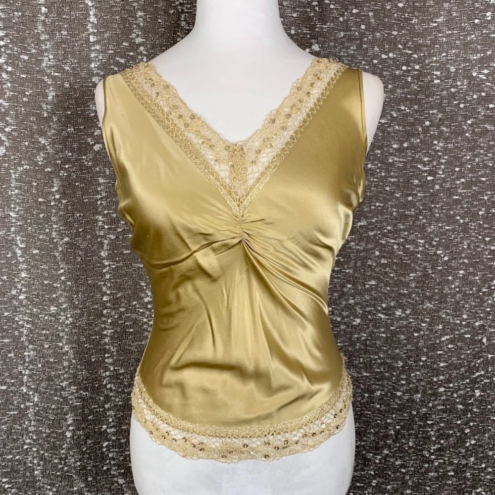 Vintage Cache Gold Lace Trim Silk Tank Top V-Neck Coquette Y2K Women's XS